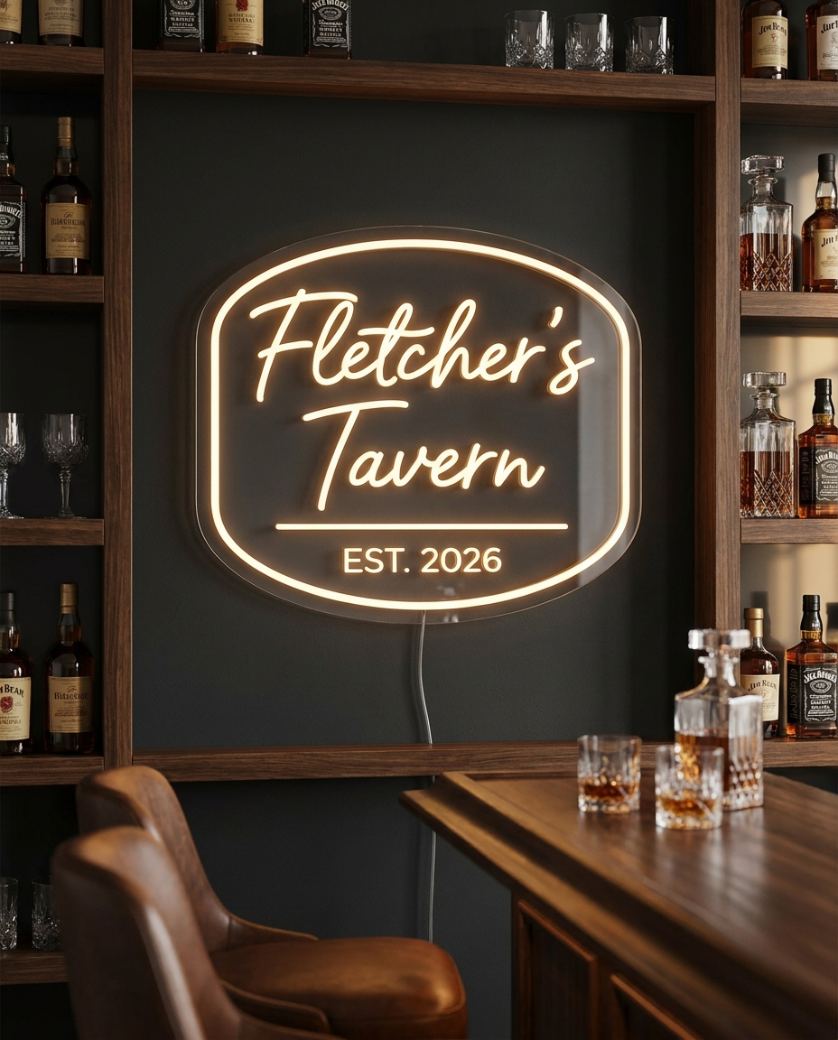 LED-Neon-Logo Fletcher's Tavern in einer Whiskey-Bar – Neon Atelier
