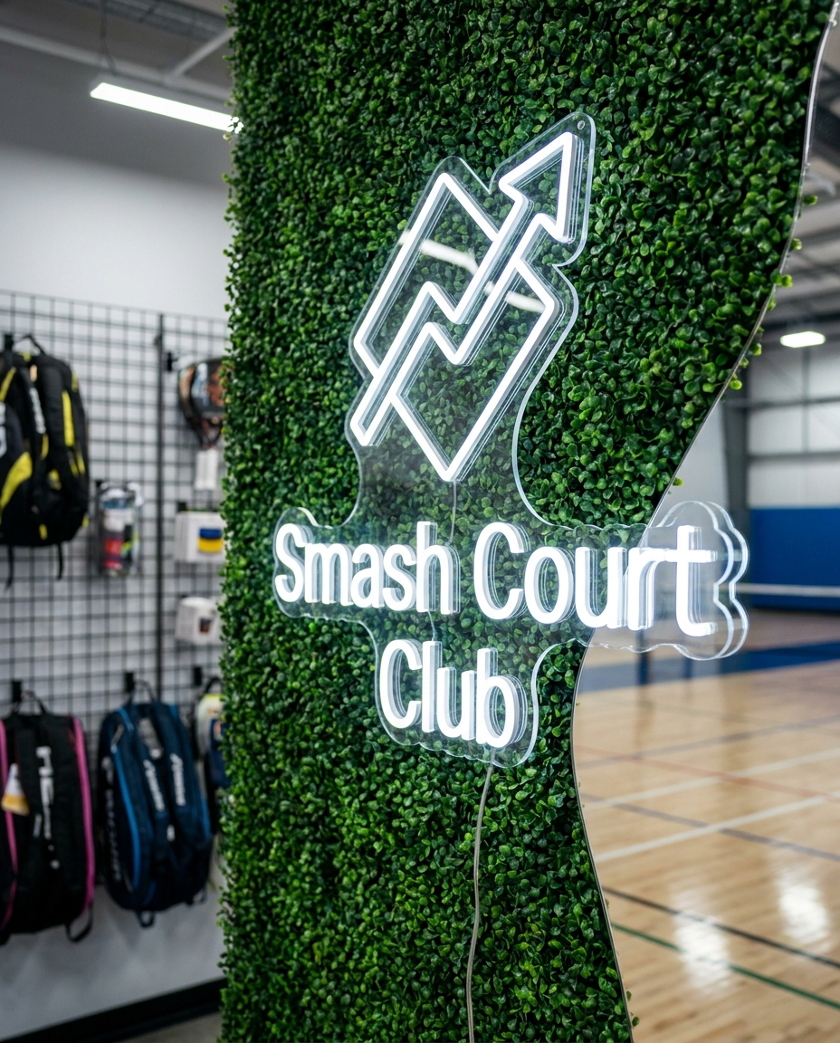 LED-Neon-Logo Smash Court Club in einer Padel-Halle – Neon Atelier