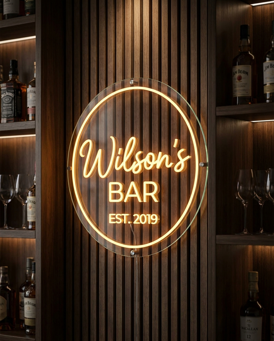 LED-Neon-Logo Wilson's Bar an einer Holzlattenwand – Neon Atelier