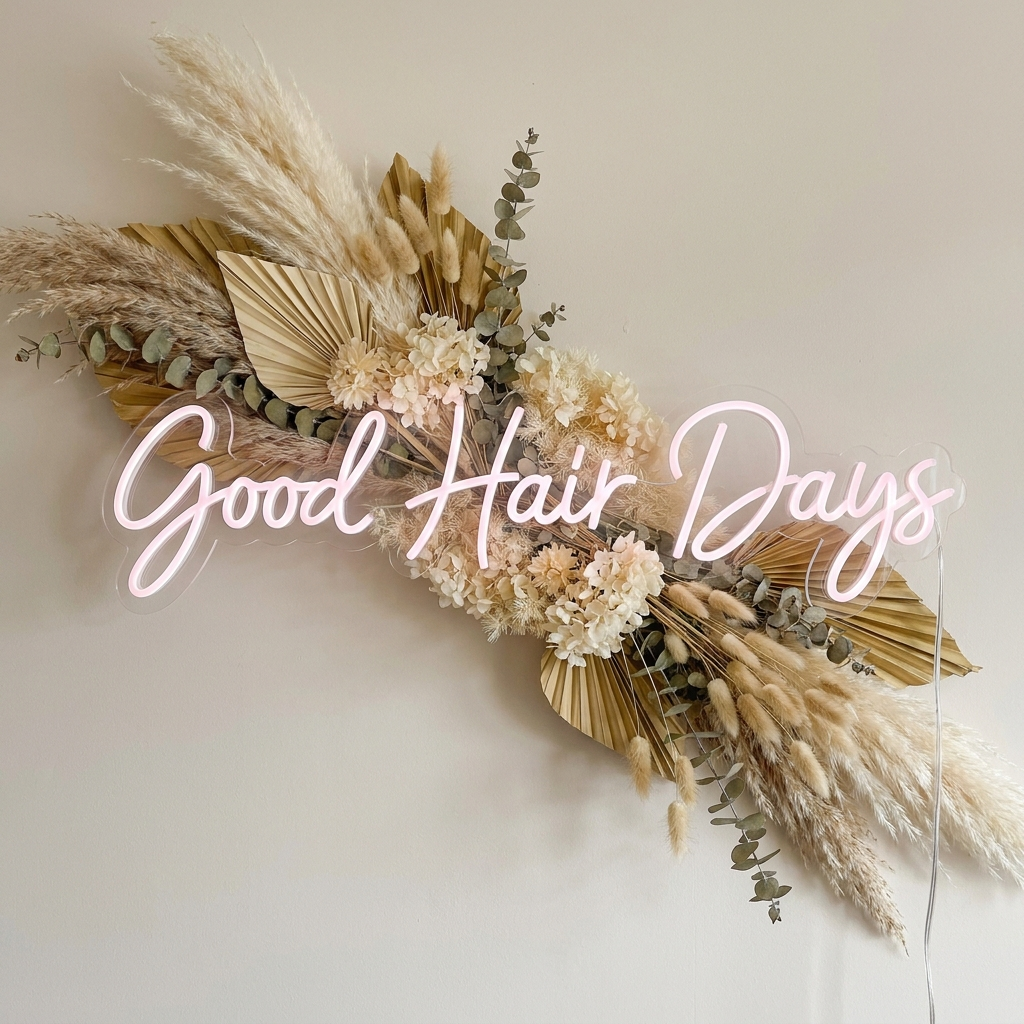 LED-Neonschild „Good Hair Days“ über Pampasgras im Friseursalon – Neon Atelier