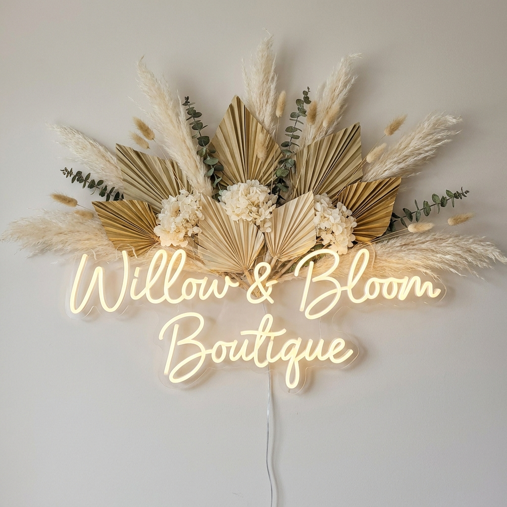LED-Neon-Logo „Willow & Bloom Boutique“ über Pampasgras in der Boutique – Neon Atelier