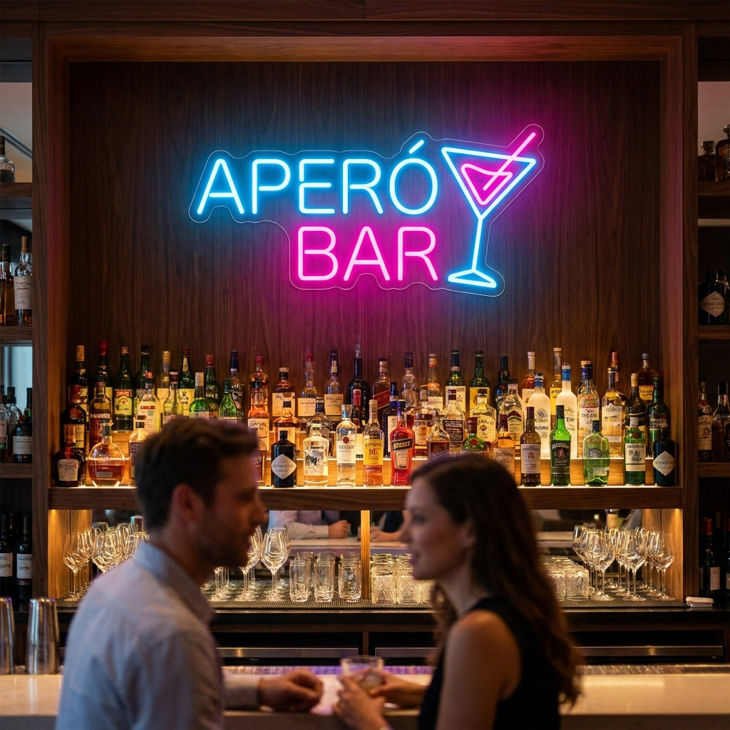 LED-Neonschild „Aperó Bar“ mit Cocktailglas in einer Bar – Neon Atelier
