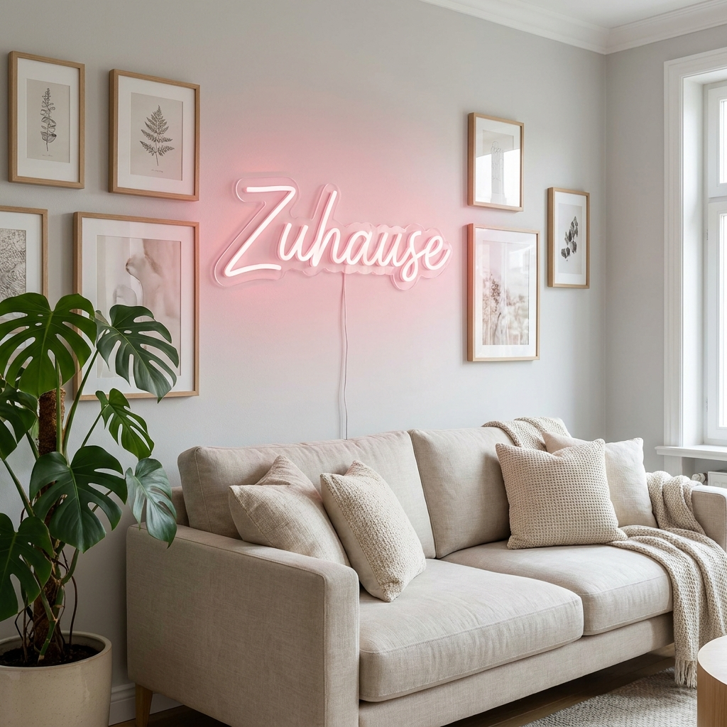 Pinkfarbenes LED-Neonschild „Zuhause“ im Wohnzimmer – Neon Atelier