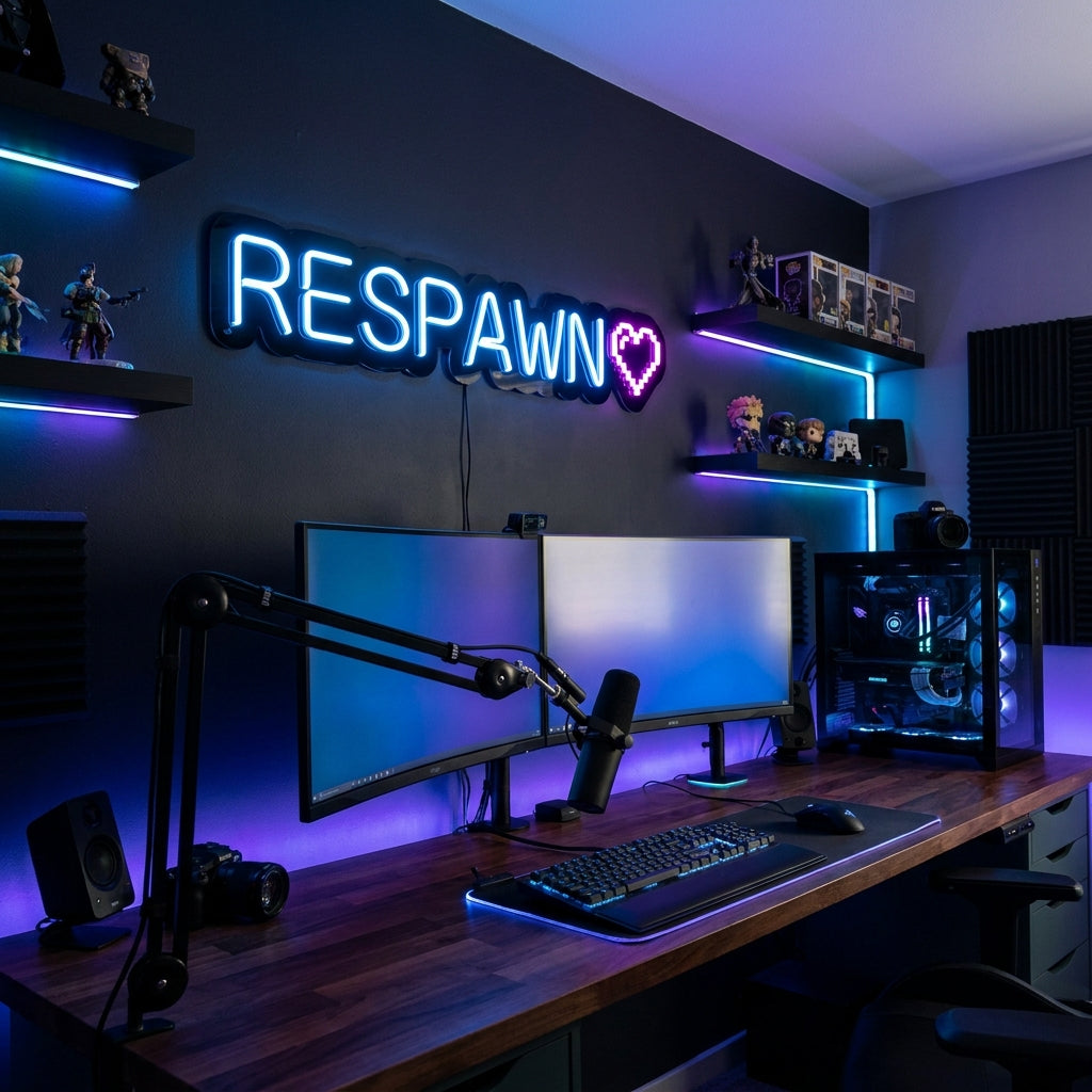 Blau-violettes LED-Neonschild „Respawn“ über einem Gaming-Setup – Neon Atelier