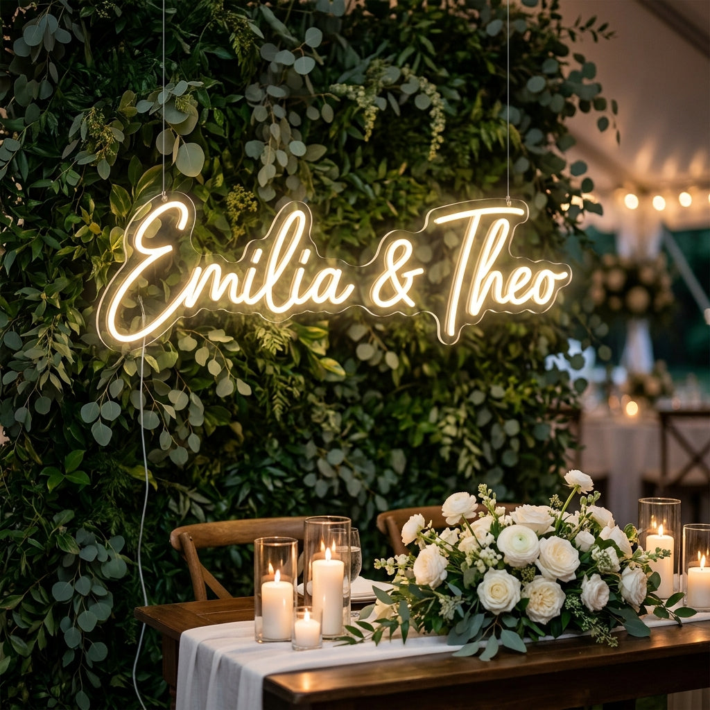 Warmweißes LED-Neonschild „Emilia & Theo“ an einer Greenery-Wand über dem Brauttisch – Neon Atelier