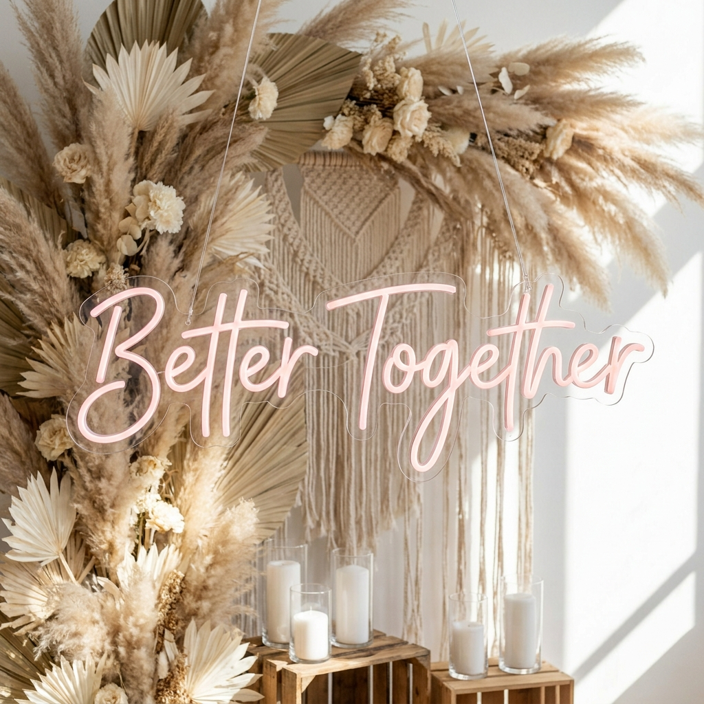 Rosafarbenes LED-Neonschild „Better Together“ an einem Boho-Pampas-Backdrop – Neon Atelier