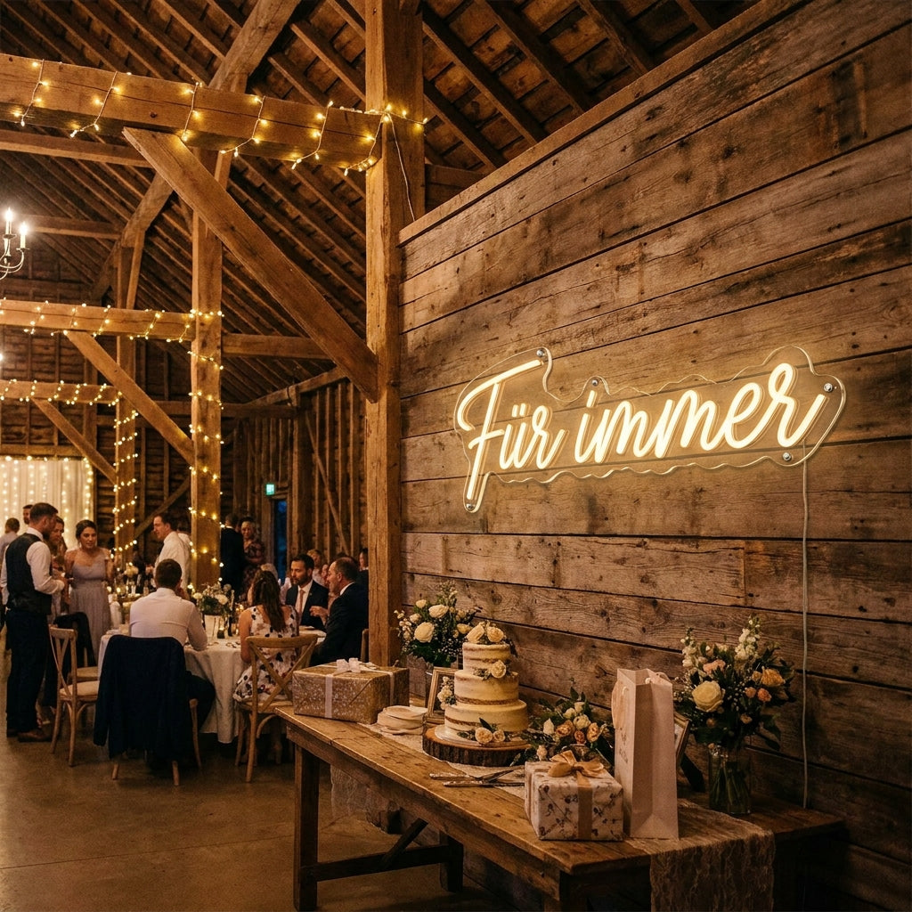 Champagnerfarbenes LED-Neonschild „Für immer“ in einer Hochzeitsscheune – Neon Atelier