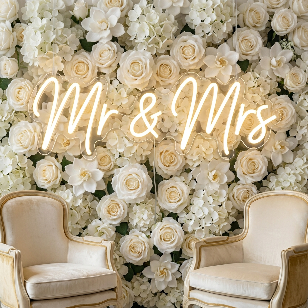 Warmweißes LED-Neonschild „Mr & Mrs“ an einer weißen Rosen-Blumenwand – Neon Atelier