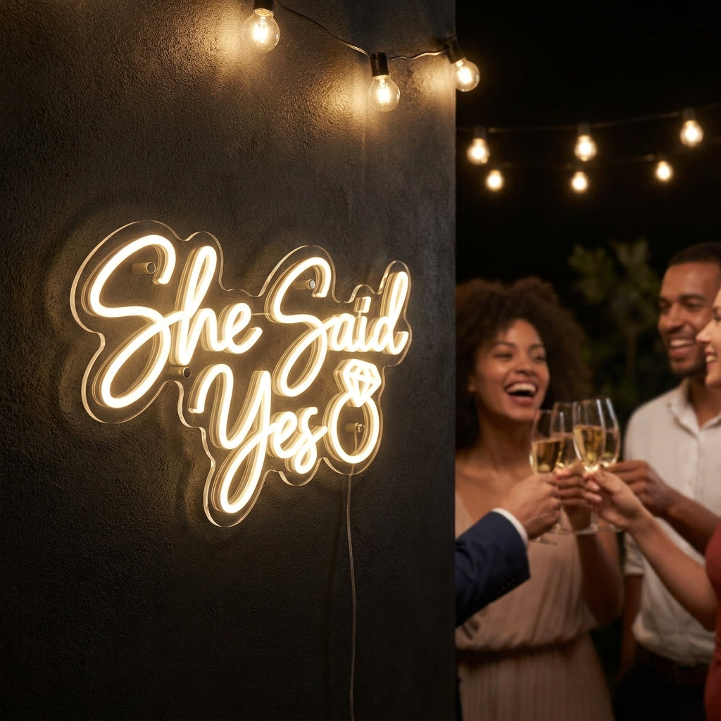 Warmweißes LED-Neonschild „She Said Yes“ mit Ring-Symbol auf einer Verlobungsfeier – Neon Atelier