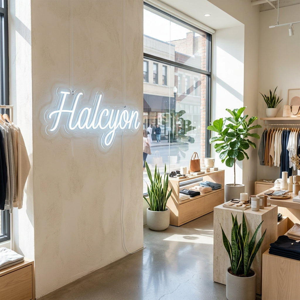 Eisweißes LED-Neon-Businessschild „Halcyon“ in einer Boutique – Neon Atelier