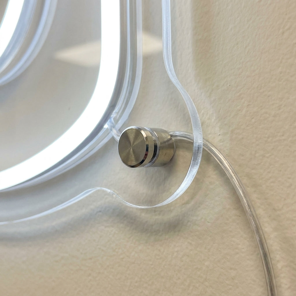 Detailaufnahme: Standoff-Schraube, konturgeschnittene Acrylkante und Kabel eines Business-Neonschilds – Neon Atelier