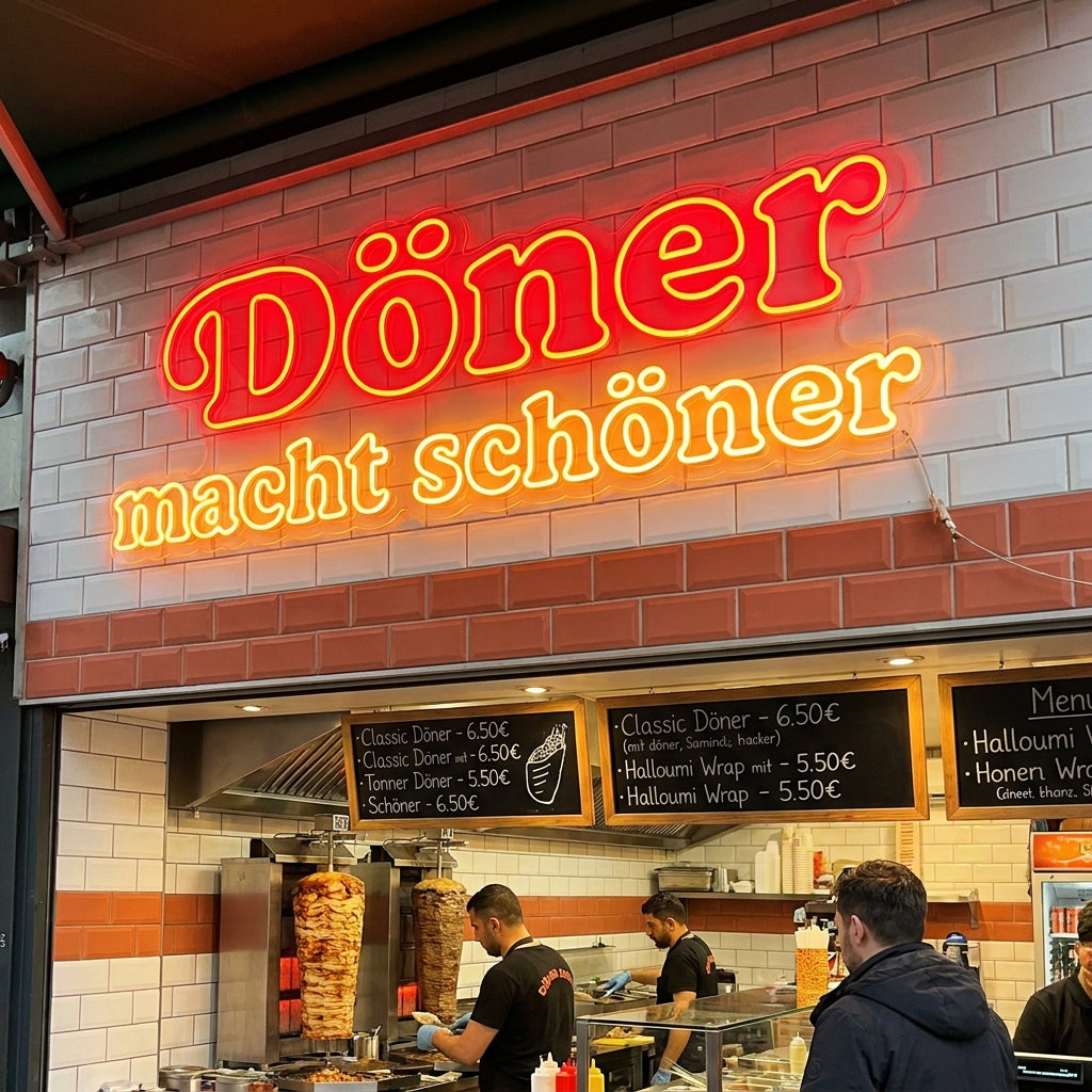Rot-oranges LED-Neonschild „Döner macht schöner“ in einem Streetfood-Imbiss – Neon Atelier
