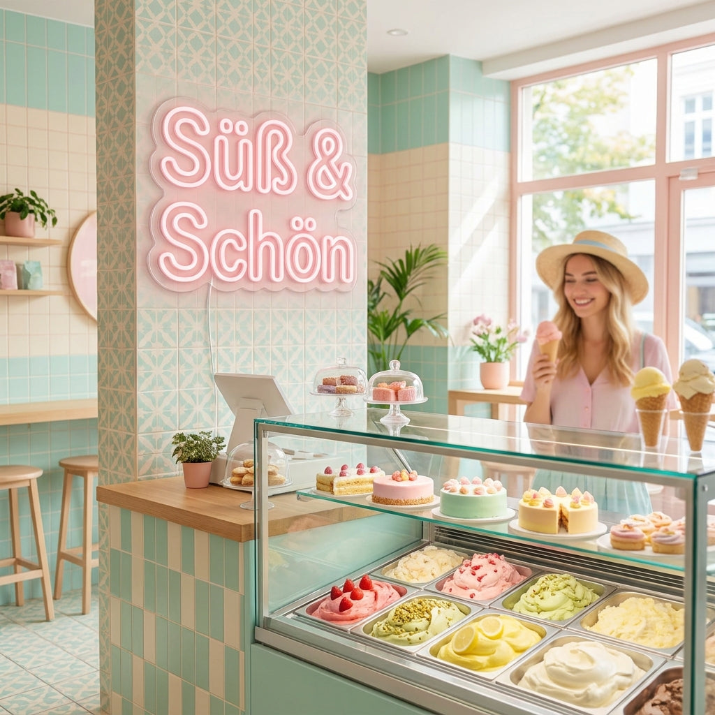 Rosafarbenes LED-Neonschild „Süß & Schön“ in einer Bäckerei und Eisdiele – Neon Atelier