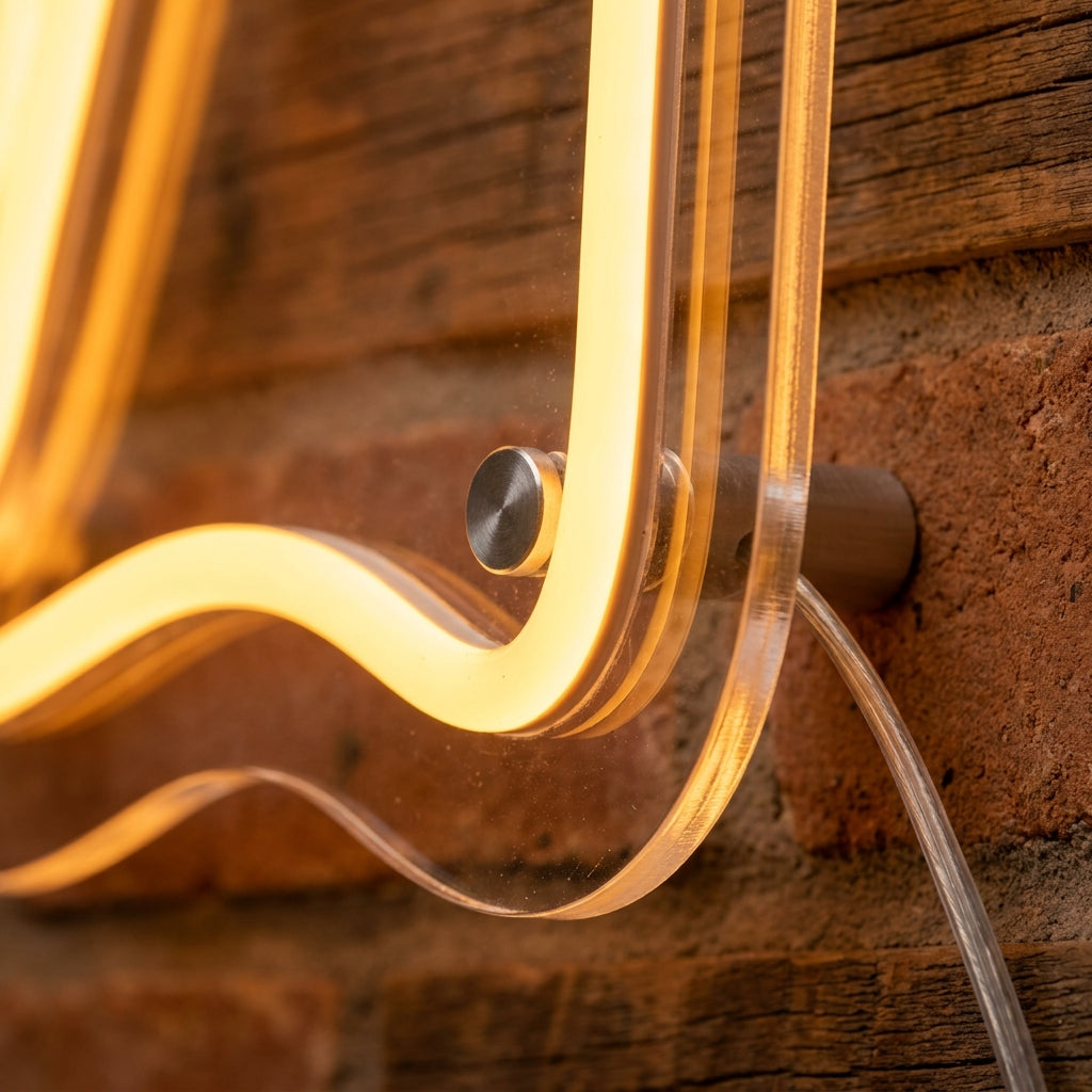 Detailaufnahme: konturgeschnittene Acrylkante, Montage und Kabel eines Gastro-Neonschilds – Neon Atelier