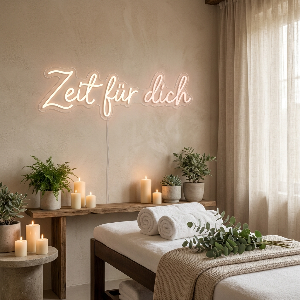 Warmweiß-rosafarbenes LED-Neonschild „Zeit für dich“ in einem Spa- und Wellnessraum – Neon Atelier