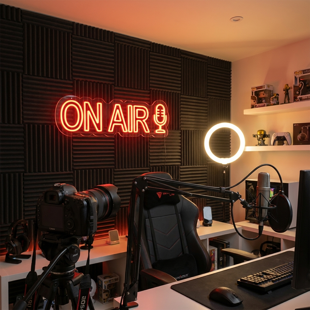 Rotes LED-Neonschild „ON AIR“ mit Mikrofon-Symbol in einem Streaming-Raum – Neon Atelier
