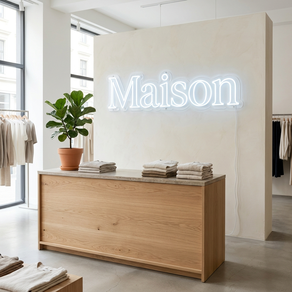 Eisweißes LED-Neon-Logo „Maison“ hinter der Theke in einem Concept Store – Neon Atelier