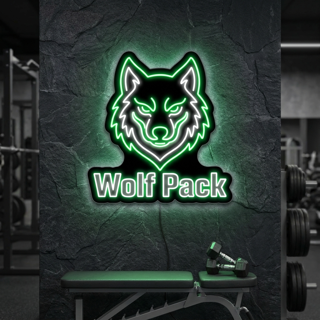 Grün-weißes LED-Neon-Maskottchen Wolfskopf „Wolf Pack“ an einer Gym-Wand – Neon Atelier