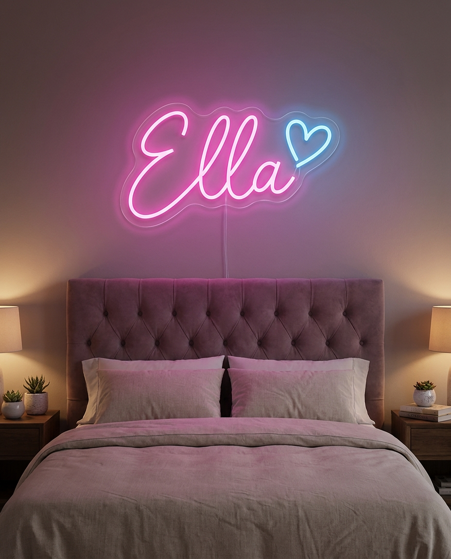 LED-Neonschild „Ella“ über gepolstertem Kopfteil im Kinderzimmer – Neon Atelier
