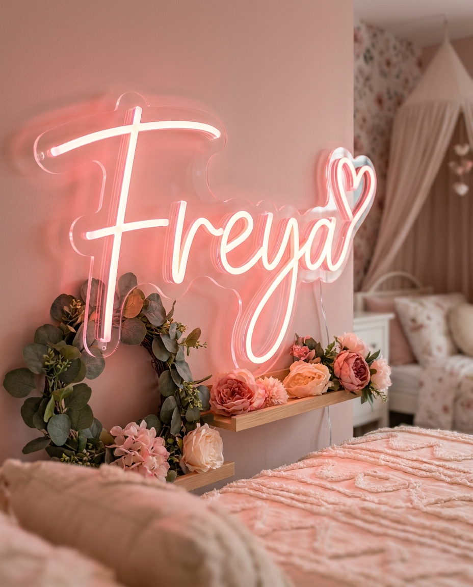 LED-Neonschild „Freya“ mit Blumendeko im Kinderzimmer – Neon Atelier