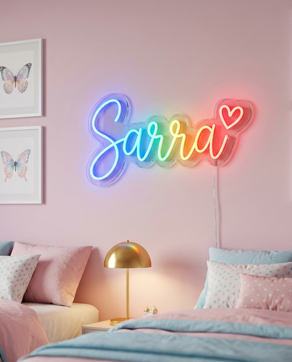 LED-Neonschild „Sarra“ mit Regenbogen an der Schmetterlingswand im Kinderzimmer – Neon Atelier