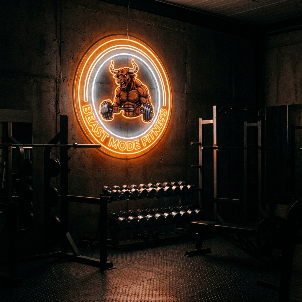 UV-bedrucktes LED-Neon-Logo „Beast Mode Fitness“ im Fitnessstudio – Neon Atelier