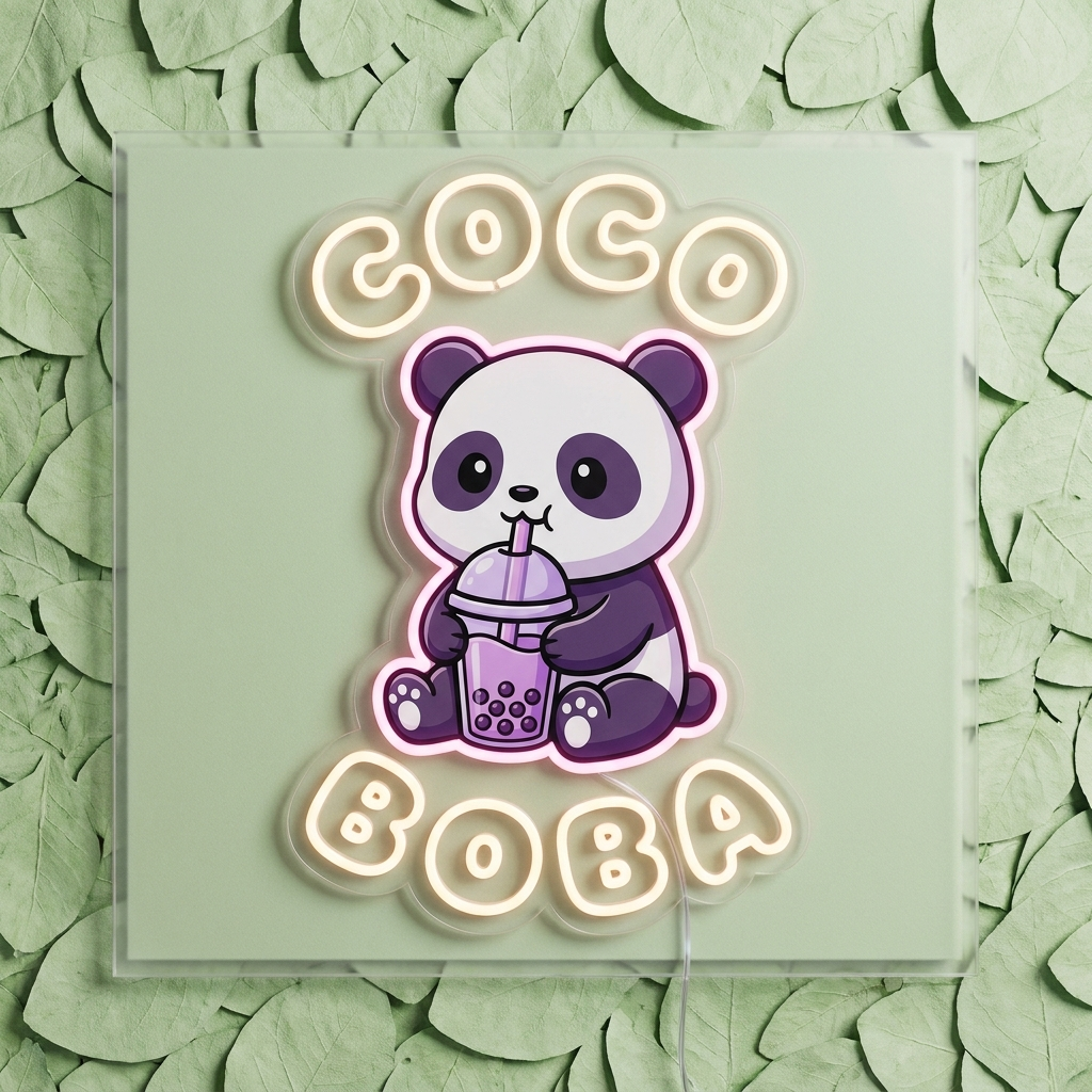UV-bedrucktes LED-Neon-Logo „Coco Boba“ mit Panda-Motiv im Bubble-Tea-Laden – Neon Atelier