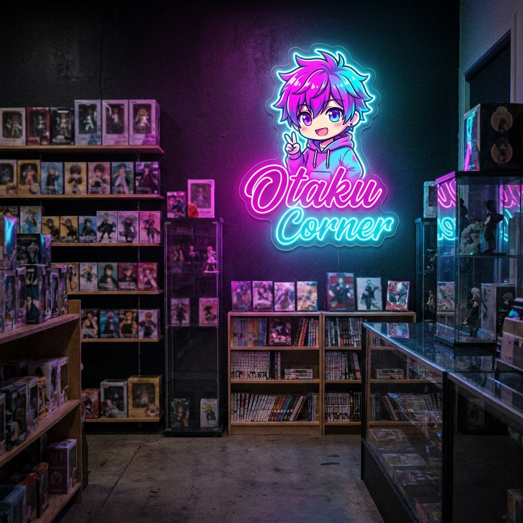 UV-bedrucktes LED-Neon-Logo „Otaku Corner“ im Anime-Zimmer – Neon Atelier