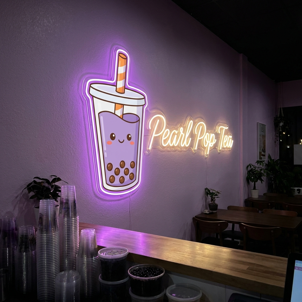 UV-bedrucktes LED-Neon-Logo „Pearl Pop Tea“ im Bubble-Tea-Laden – Neon Atelier