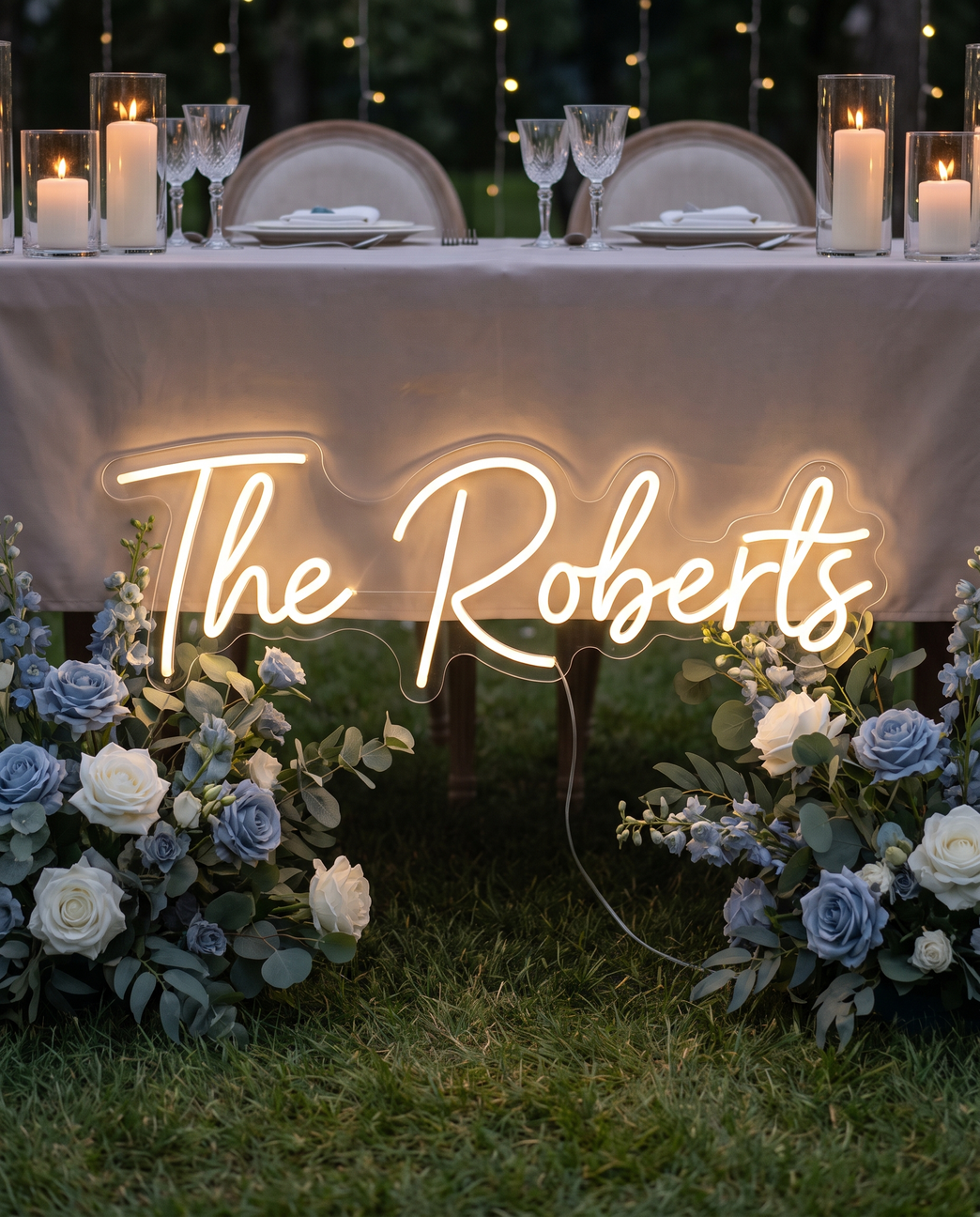 LED-Neonschild „The Roberts“ unter dem Tisch bei der Hochzeit – Neon Atelier