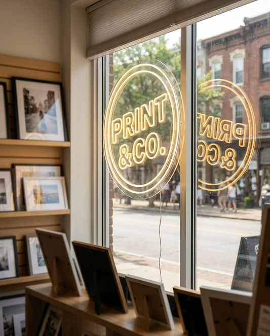 LED-Neon-Logo Print & Co im Schaufenster – Neon Atelier