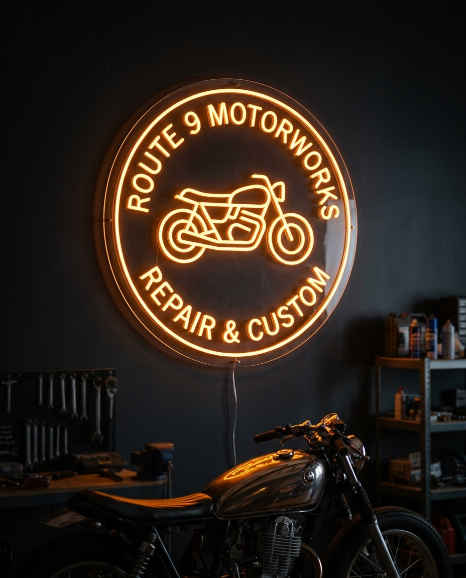 LED-Neon-Logo Route 9 Motorworks in einer Werkstatt – Neon Atelier
