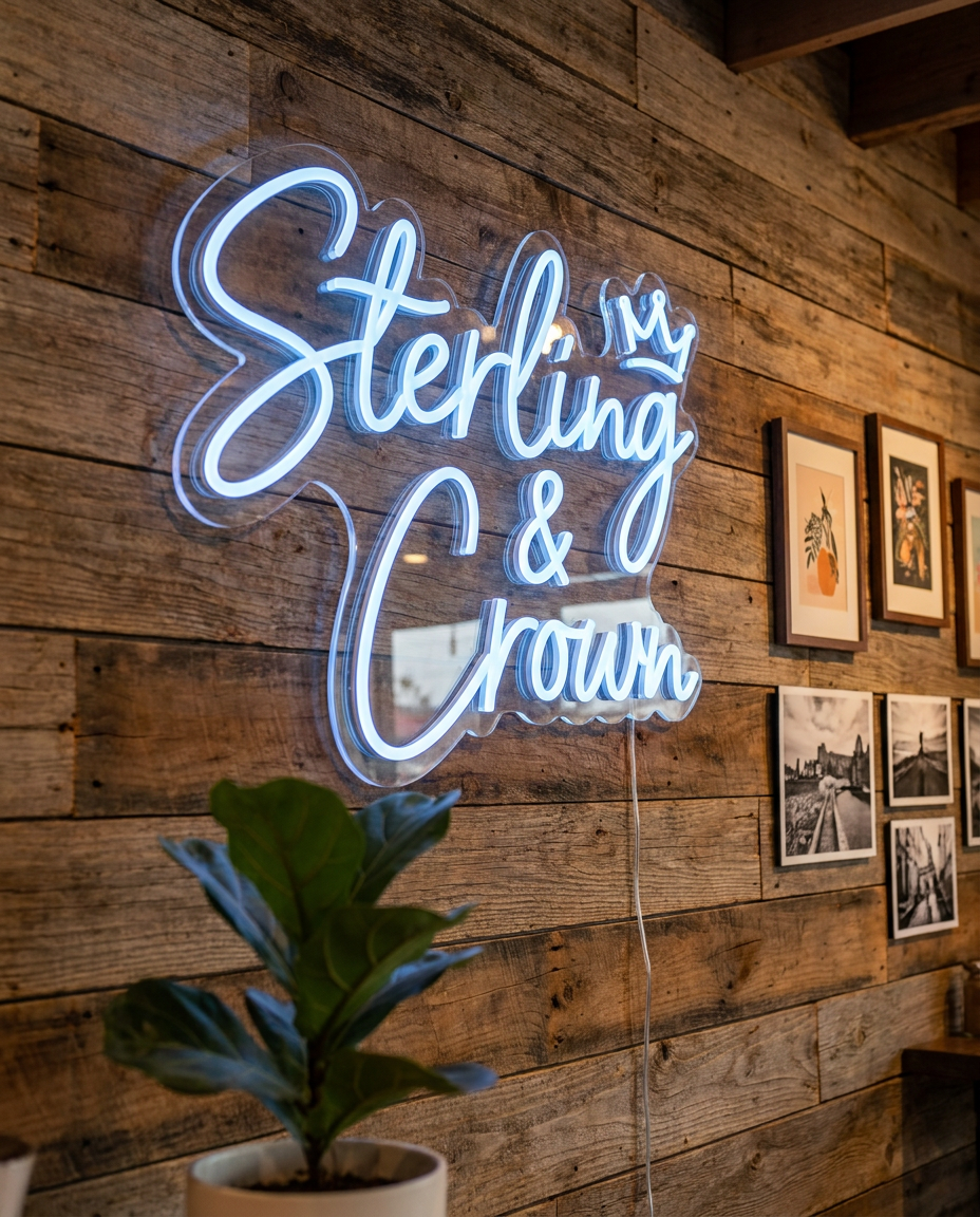 LED-Neon-Schriftzug Sterling & Crown in einem Café – Neon Atelier