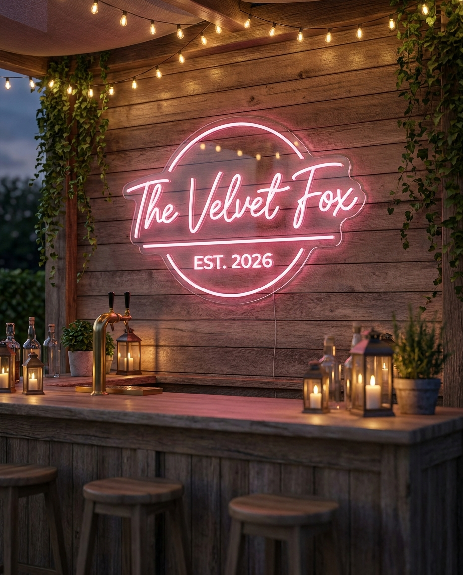 LED-Neon-Logo Velvet Fox auf einer überdachten Bar-Terrasse – Neon Atelier