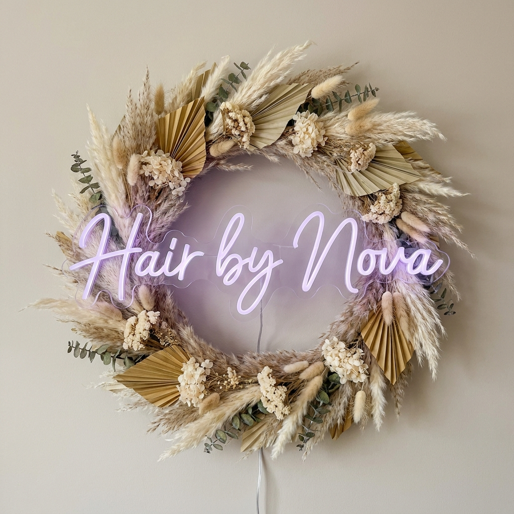 Beauty-Salon-Neonschild Friseur mit Pampasgras – Hair by Nova – Neon Atelier
