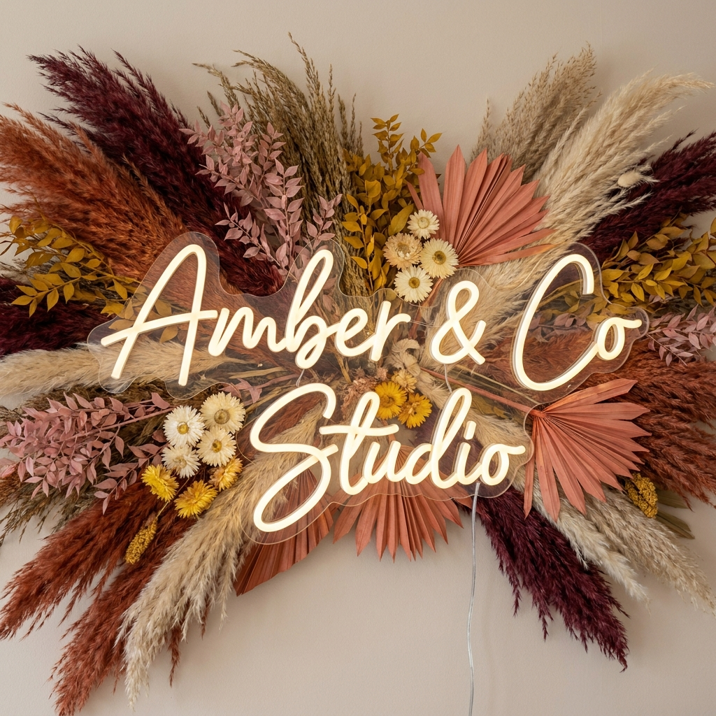LED-Neon-Logo „Amber & Co Studio“ über Pampasgras im Beautystudio – Neon Atelier