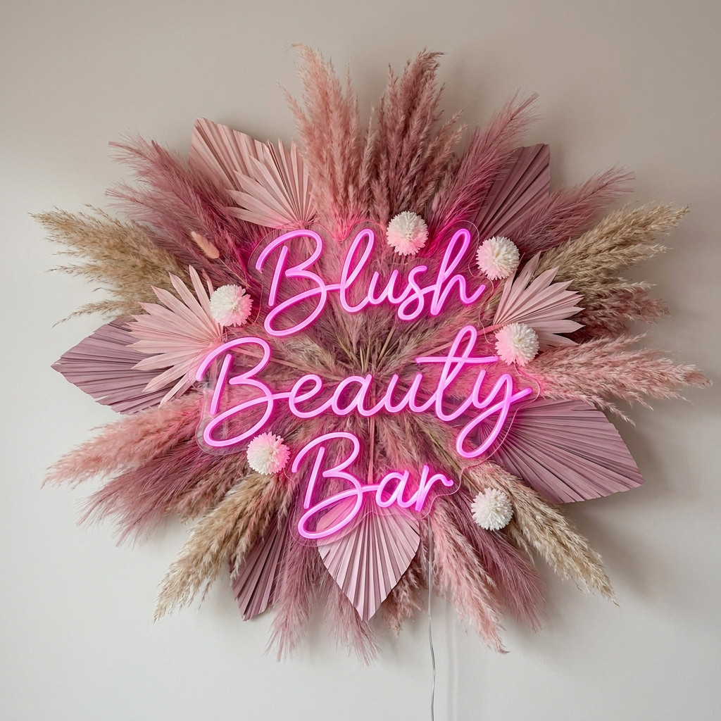 LED-Neon-Logo „Blush Beauty Bar“ über Pampasgras im Beautysalon – Neon Atelier
