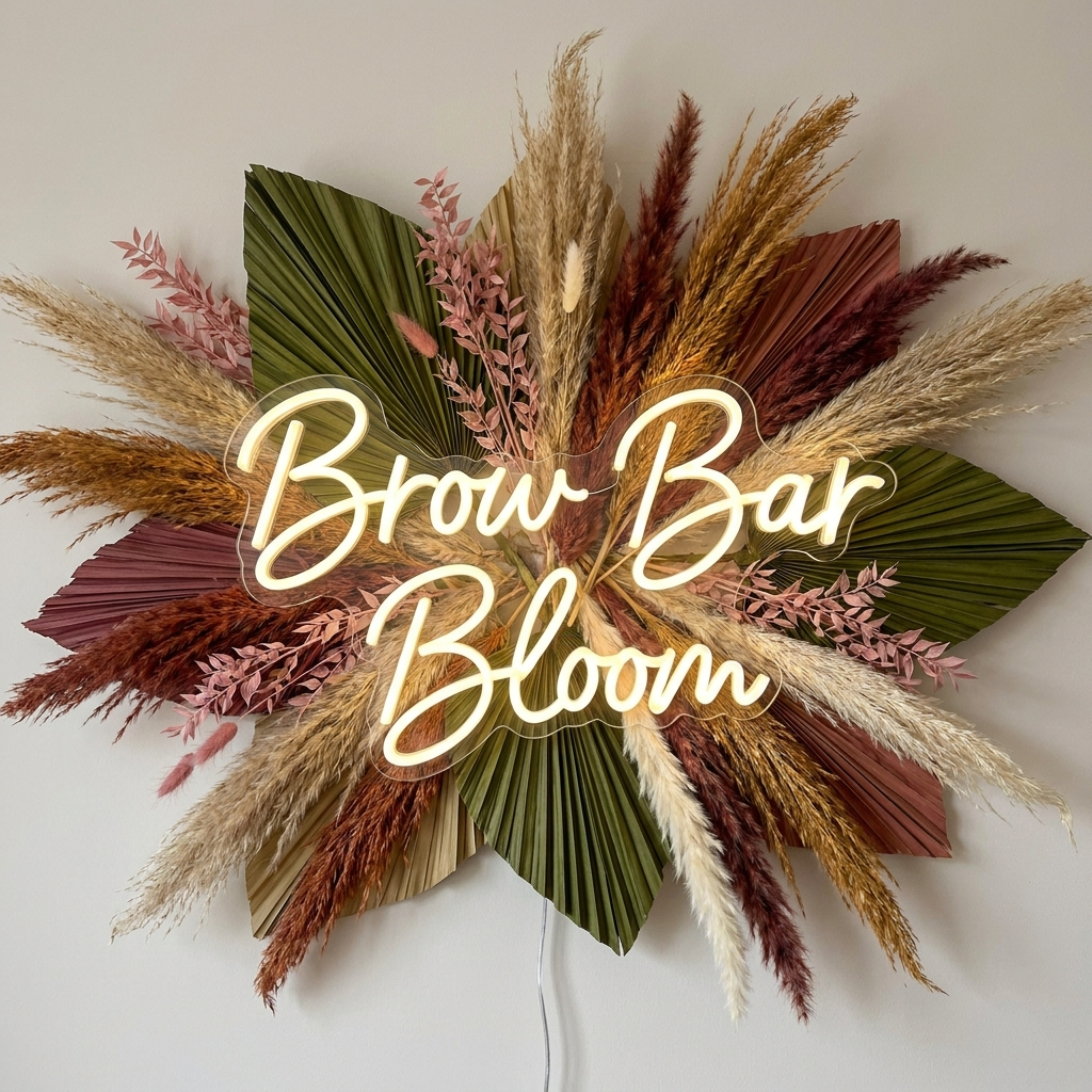 LED-Neon-Logo „Brow Bar Bloom“ über Pampasgras im Brow-Studio – Neon Atelier