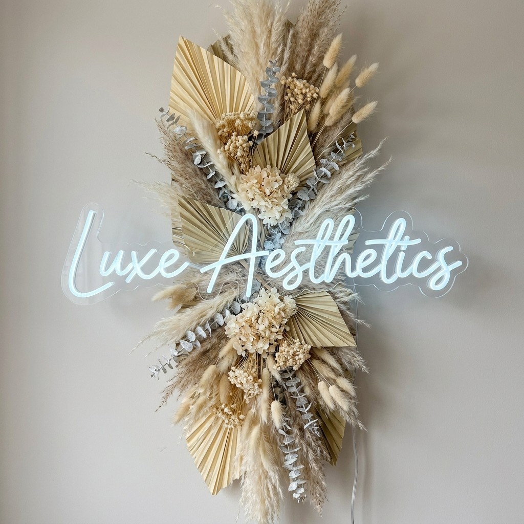 LED-Neon-Logo „Luxe Aesthetics“ über Pampasgras im Ästhetik-Studio – Neon Atelier