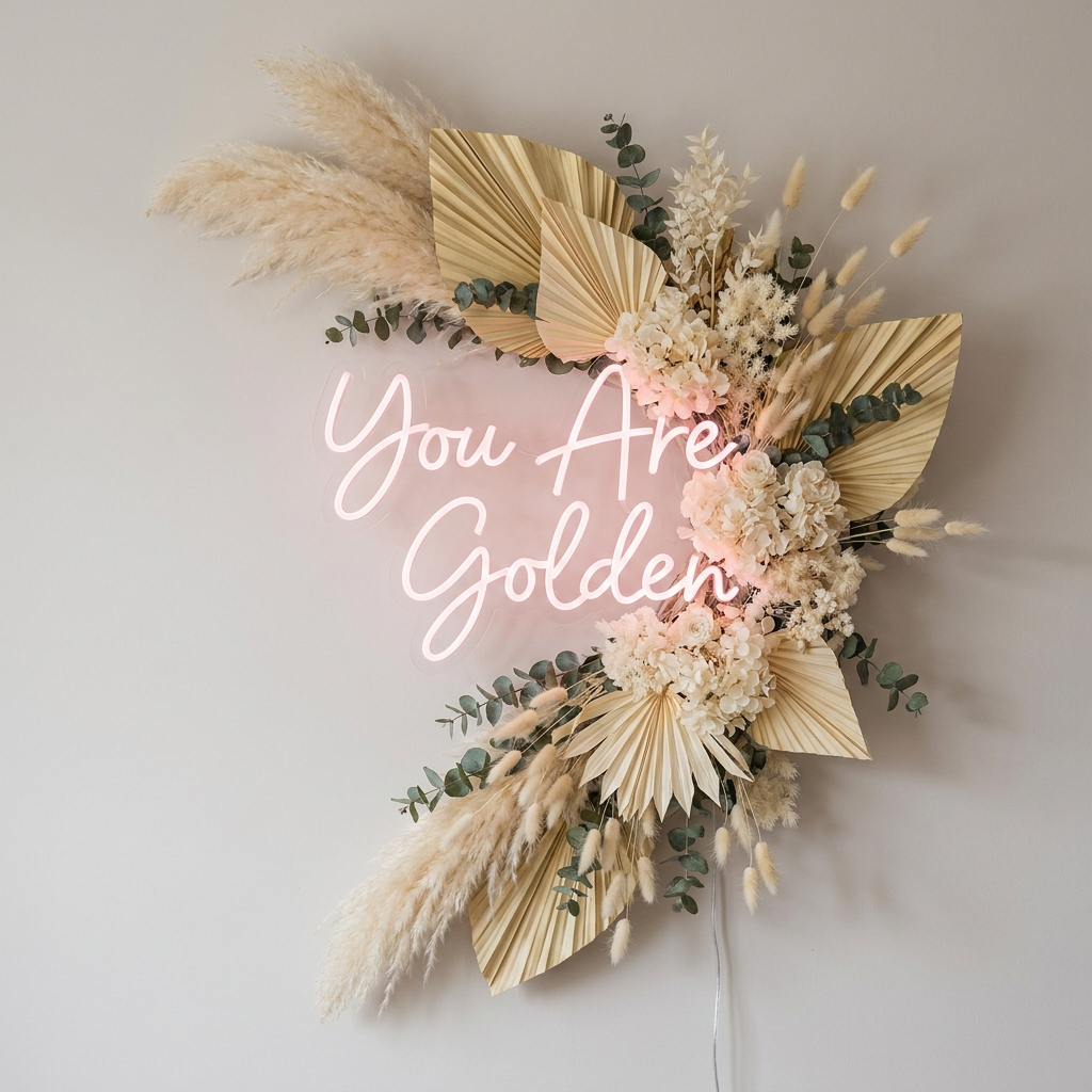 LED-Neonschild „You Are Golden“ über Pampasgras im Beautysalon – Neon Atelier