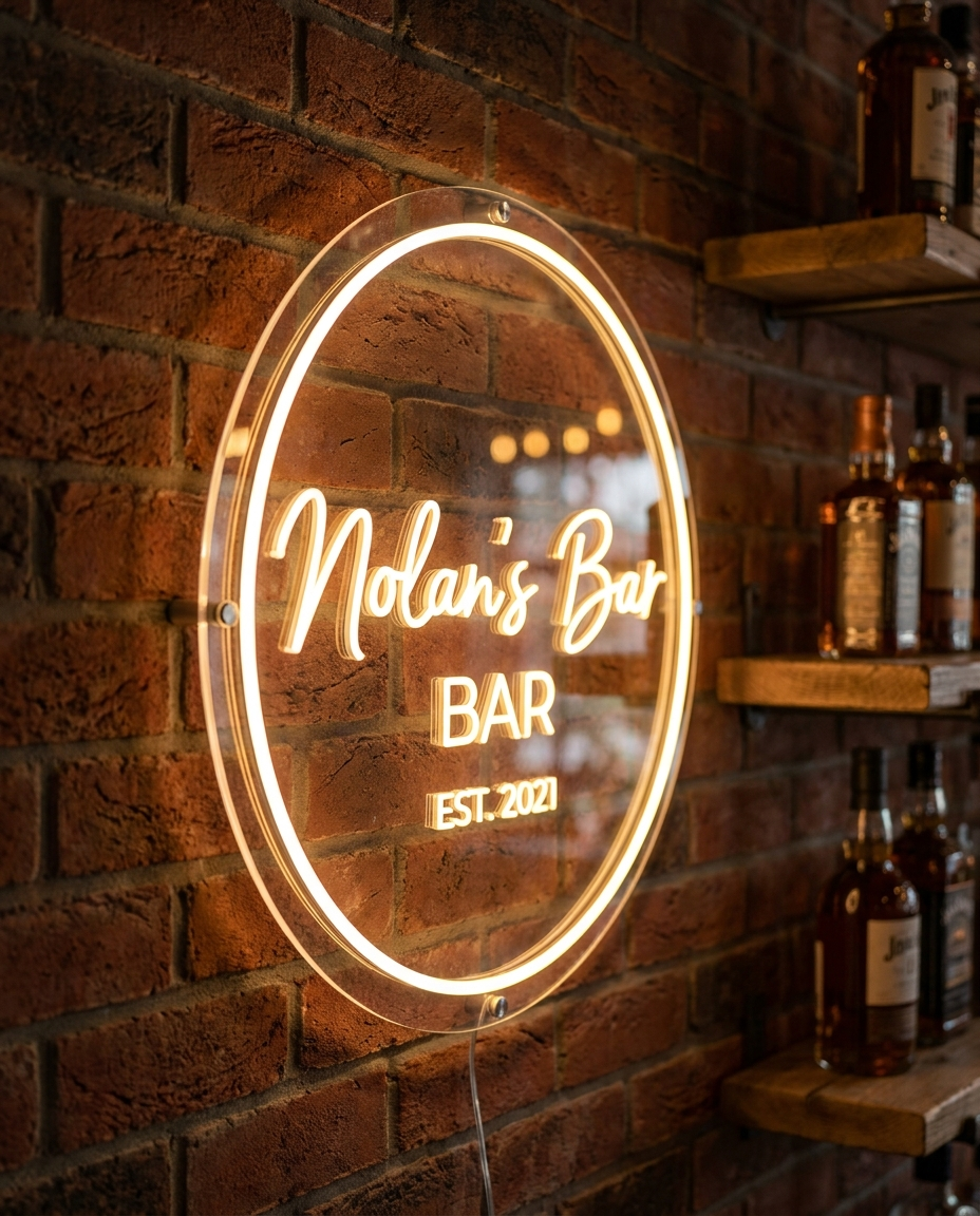 Gastro-Neonschild an Ziegelwand – Nolan's Bar – Neon Atelier