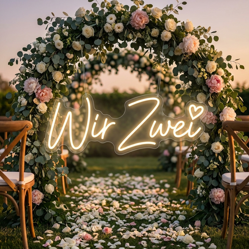 Individuelles LED-Neonschild „Wir Zwei“ mit Herz an einer Hochzeits-Blumenwand – Neon Atelier