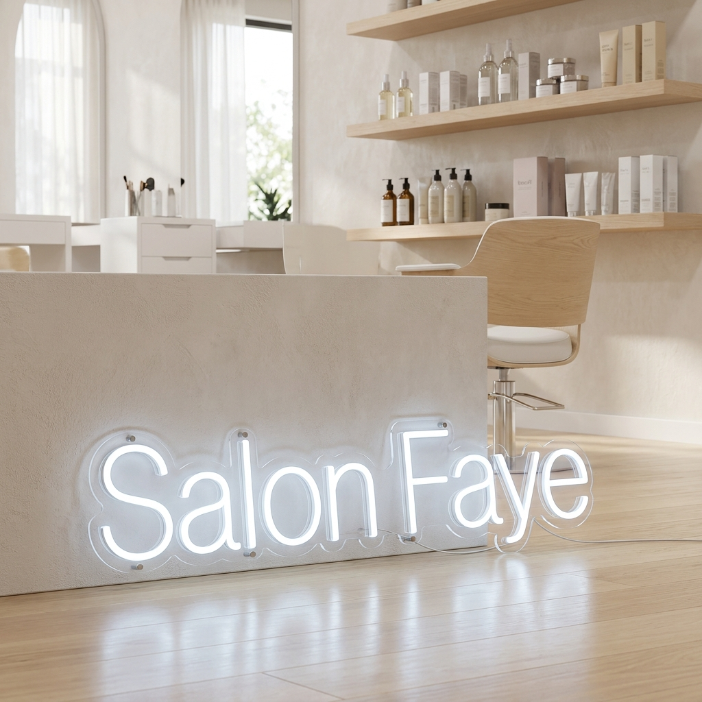 Kühlweißes LED-Neon-Logo „Salon Faye“ im Friseursalon – Neon Atelier