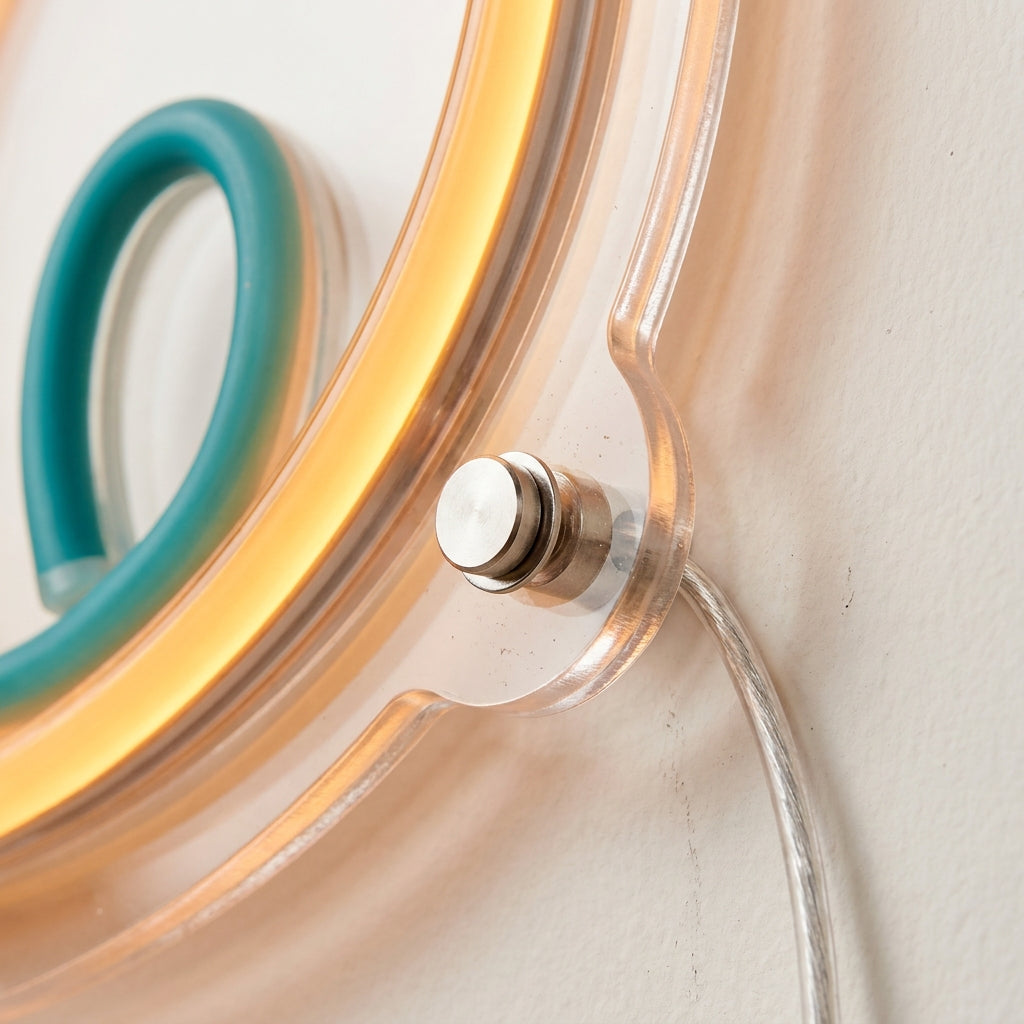Detailaufnahme: konturgeschnittene Acrylkante, Standoff und Kabel eines LED-Neonschilds – Neon Atelier