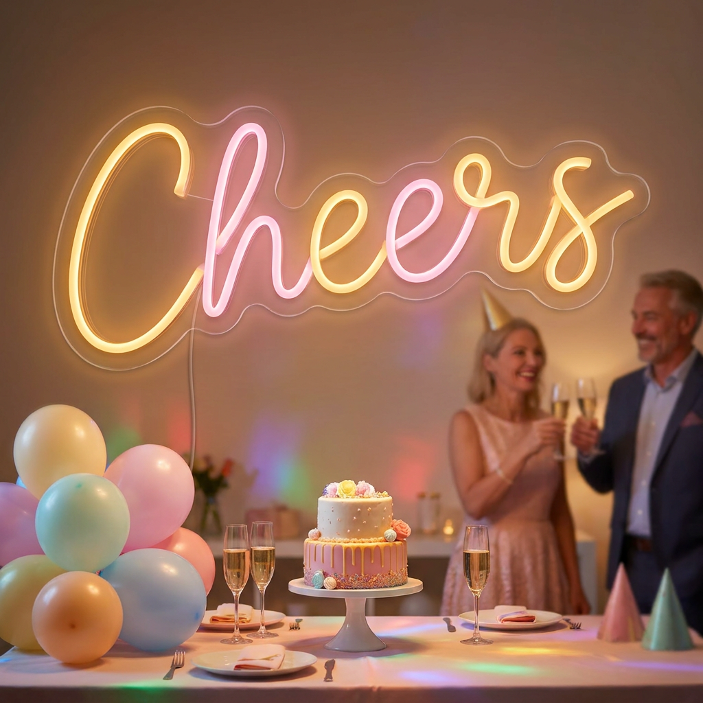 Gold-pinkes LED-Neonschild „Cheers“ über einem Feier-Tisch mit Ballons – Neon Atelier