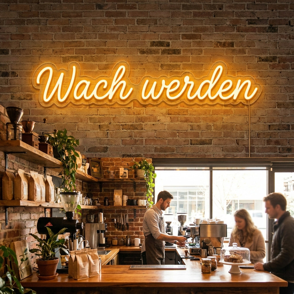 Warmes amberfarbenes LED-Neonschild „Wach werden“ über der Espressobar in einem Café – Neon Atelier