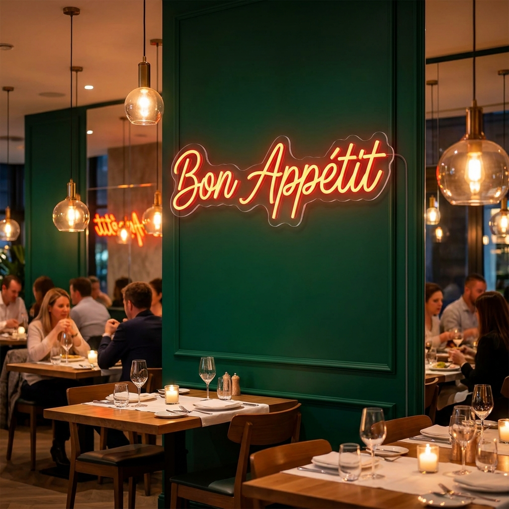 Rot-amberfarbenes LED-Neonschild „Bon Appétit“ in einem modernen Restaurant – Neon Atelier