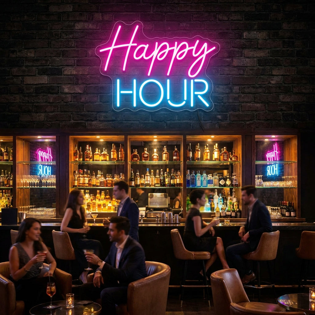 Pink-blaues LED-Neonschild „Happy Hour“ über der Bar in einer Cocktail-Lounge – Neon Atelier