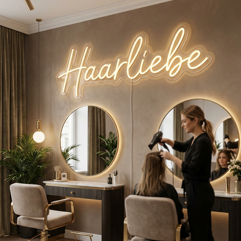 Champagnerfarbenes LED-Neonschild „Haarliebe“ in einem Friseursalon – Neon Atelier