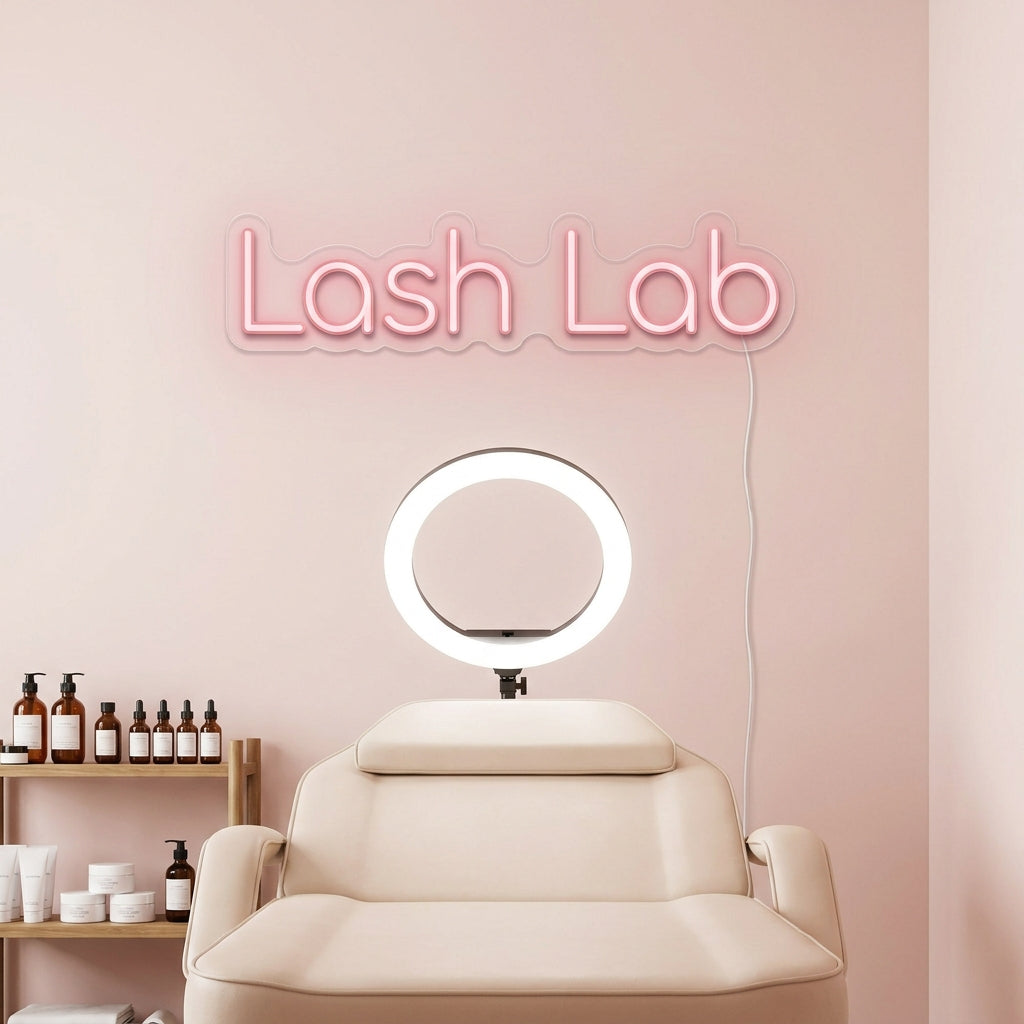 Rosafarbenes LED-Neonschild „Lash Lab“ in einem Wimpern- und Brauenstudio – Neon Atelier